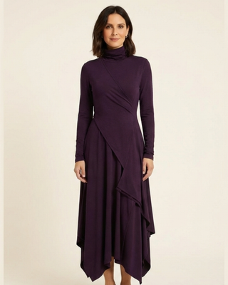 Elena - Vestido maxi elegante con cuello alto y drapeado asimétrico