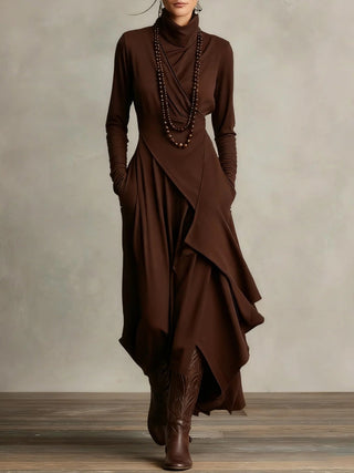 Elena - Vestido maxi elegante con cuello alto y drapeado asimétrico