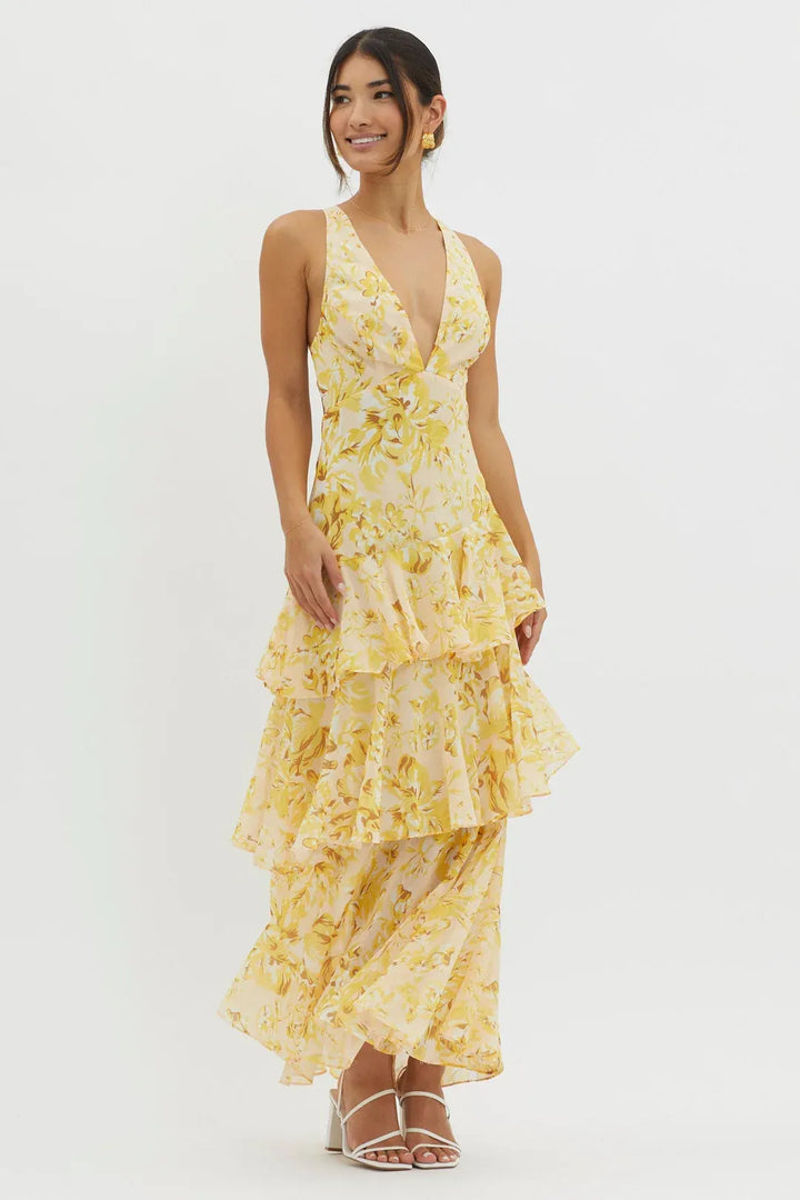 Maya - Vestido largo floral con volantes
