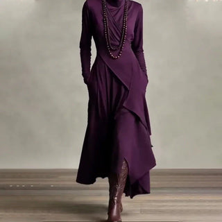 Elena - Vestido maxi elegante con cuello alto y drapeado asimétrico