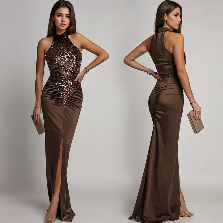 Victoria - Vestido halter con abertura y lentejuelas